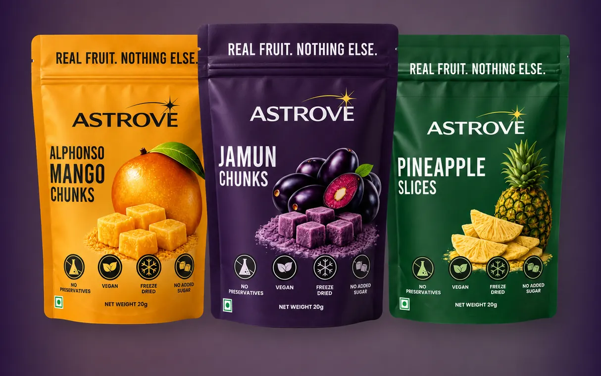 The three ASTROVE 20g pouches standing side by side: Alphonso Mango Chunks, Jamun Chunks and Pineapple Slices
