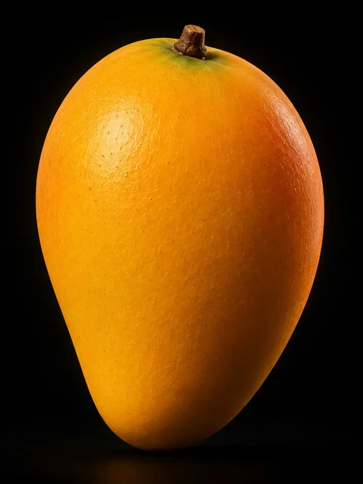 A single whole alphonso mango, studio-lit against black.