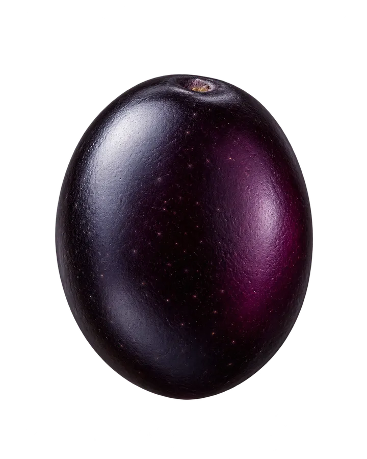 A whole ripe jamun with glossy deep purple-black skin.