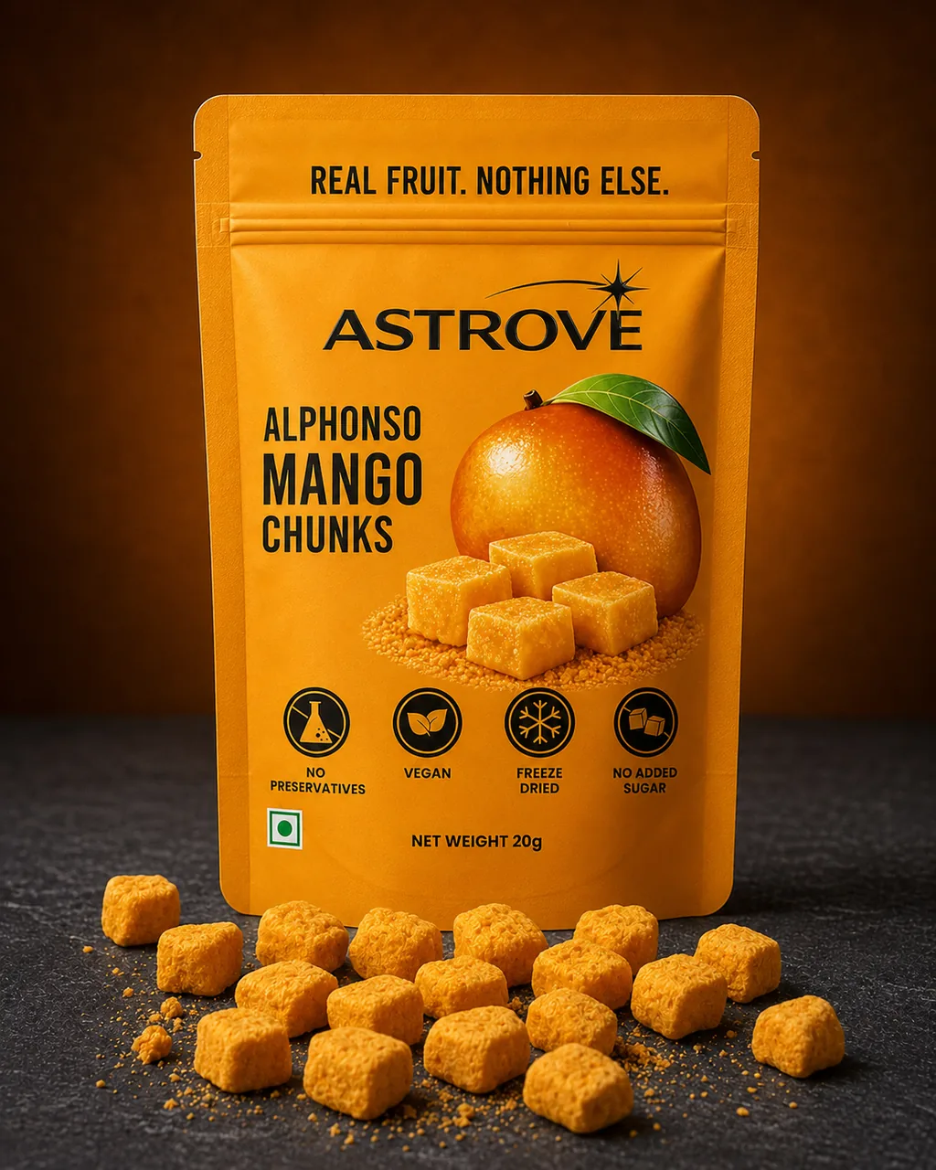 ASTROVE Freeze-Dried Alphonso Mango Chunks 20g pouch with loose golden mango chunks in front of it