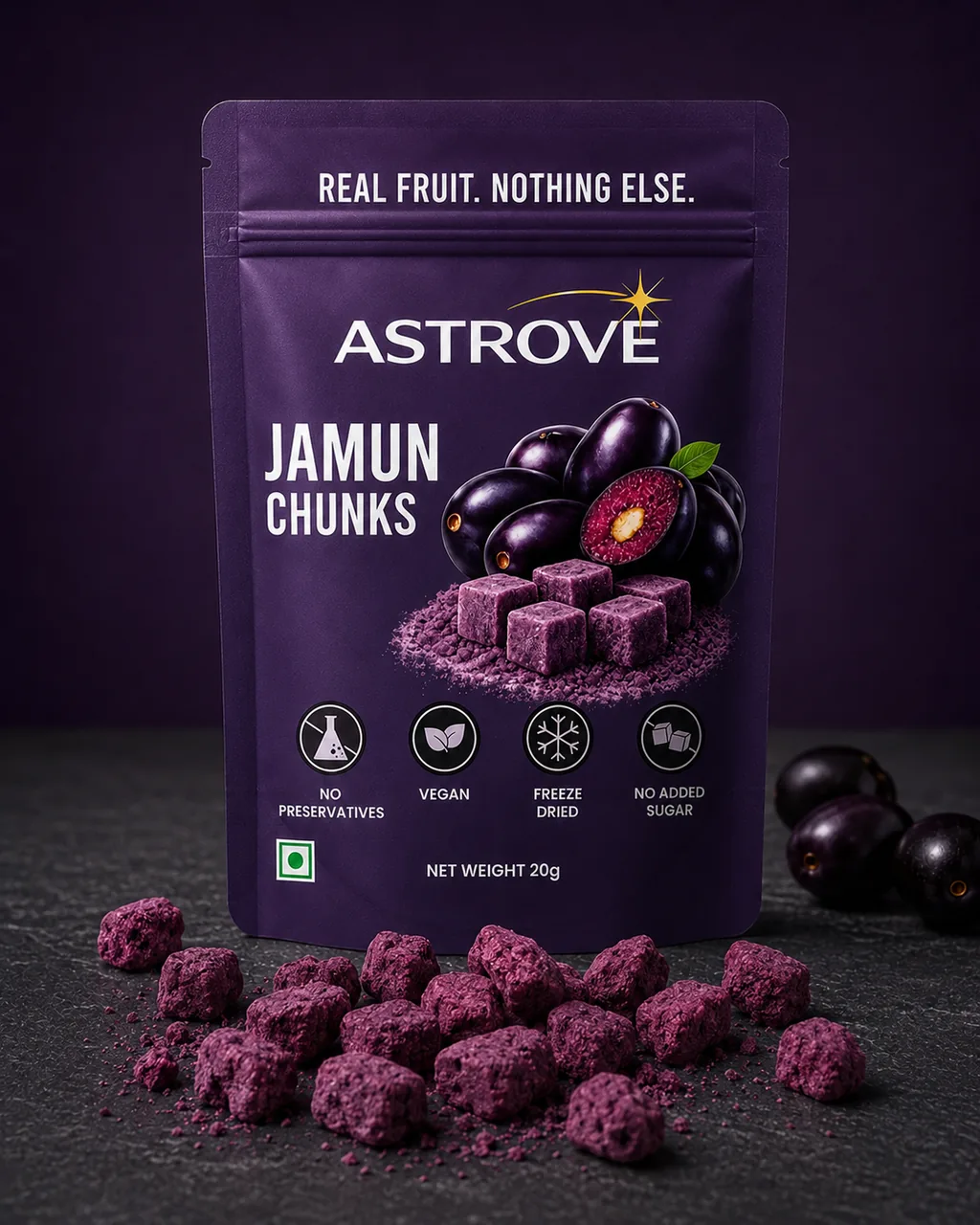 ASTROVE Freeze-Dried Jamun Chunks 20g pouch with loose deep-magenta jamun chunks in front of it