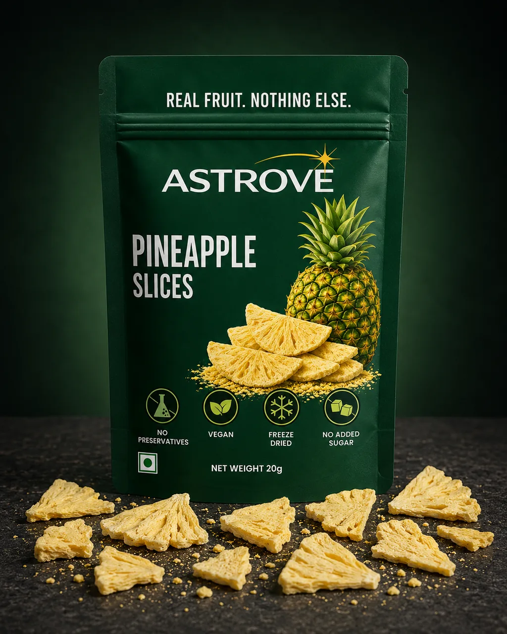 ASTROVE Freeze-Dried Pineapple Slices 20g pouch with loose freeze-dried pineapple pieces in front of it
